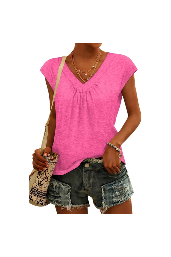 Women's Fashion V-neck Short Sleeve Top Hot Pink L