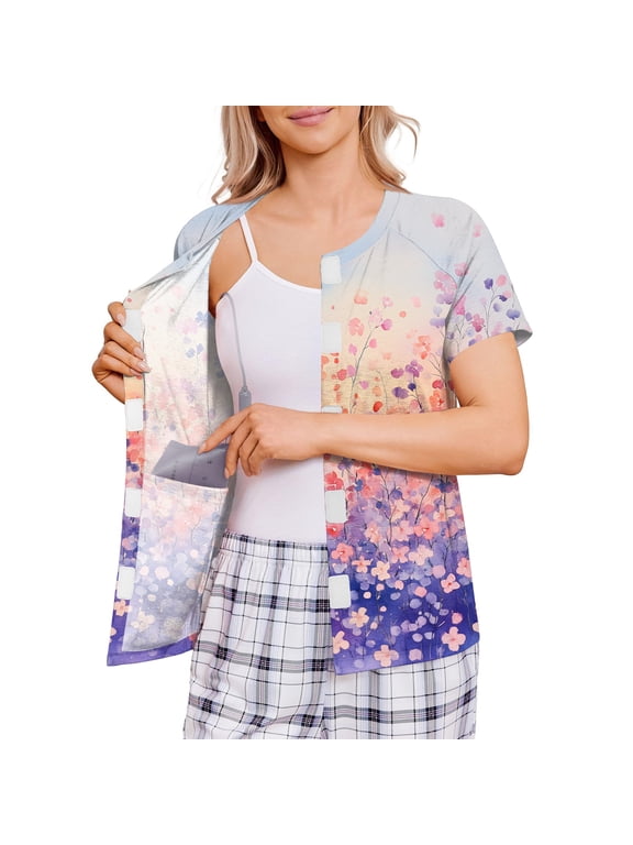 Women’s Floral Print Post Surgery Recovery Shirt, Hook and Loop Front Open Short Sleeve Top with Drain Pocket Red 2XL