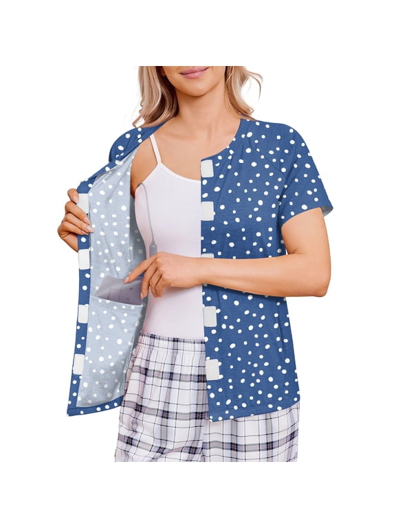 Women’s Floral Print Post Surgery Recovery Shirt, Hook and Loop Front Open Short Sleeve Top with Drain Pocket Royal Blue XL