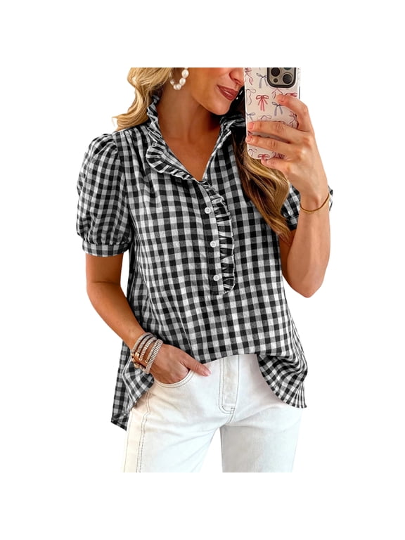 Women's Gingham Short‑Puff‑Sleeve V‑Neck Button‑Front Blouse, Ruffle‑Trim Relaxed‑Fit Top Black L