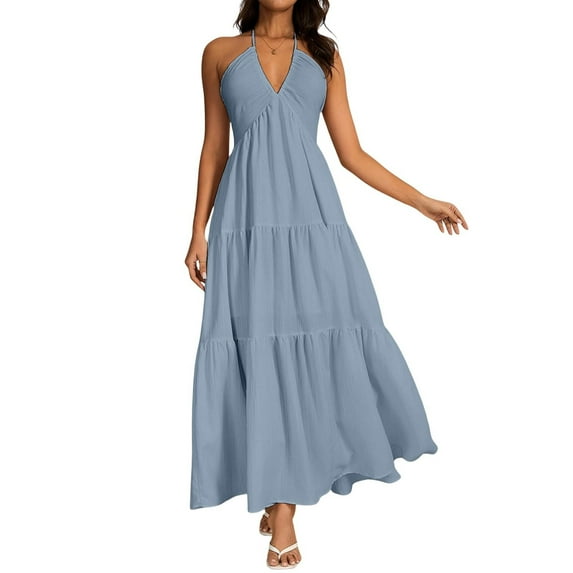 Delconic Women’s Halter Neck Maxi Dress Sleeveless Tiered Long Dress Casual Loose Fit Summer Beachwear for Daily and Vacation Sky Blue XL