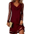 thumbnail image 1 of Delconic Women’s Long Sleeve Lace Patchwork Dress Cowl Neck Sheath Fit Mesh Panel Elegant Cocktail Party Dress for Ladies Wine M, 1 of 7