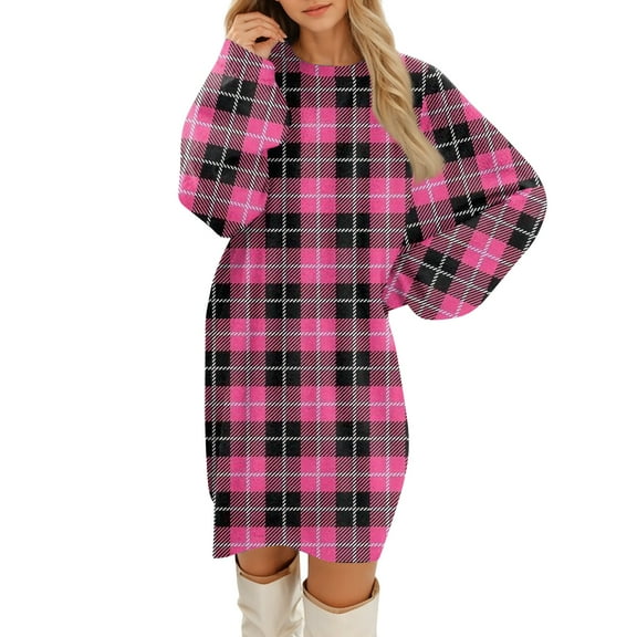 Delconic Women’s Long Sleeve Plaid Print Casual Loose Fit Pullover Dress Crew Neck Soft Fabric Comfortable Style for Daily Wear Hot Pink S