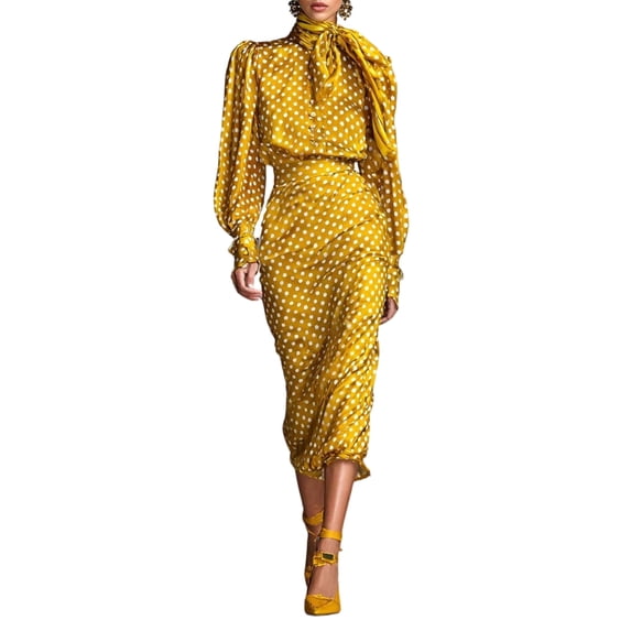 Delconic Women’s Long Sleeve Polka Dot Print Midi Dress with High Neck Tie Waist and Elegant Vintage Silhouette for Formal Occasions Yellow L