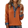 thumbnail image 1 of Delconic Women’s Long Sleeve Ribbed Knit Top With Denim Contrast Button Placket Turn Down Collar Casual Pullover Shirt Saffron 2XL, 1 of 5