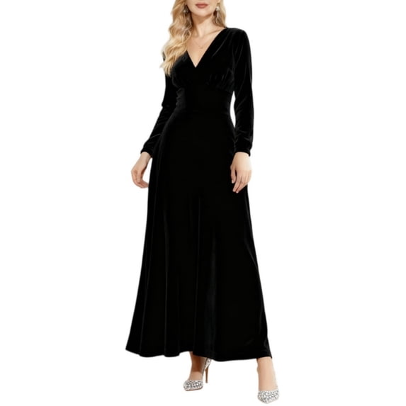 Delconic Women’s Long Sleeve Velvet Maxi Dress V Neck Floor Length Evening Gown Elegant Formal Party Wear for Special Occasions Black L