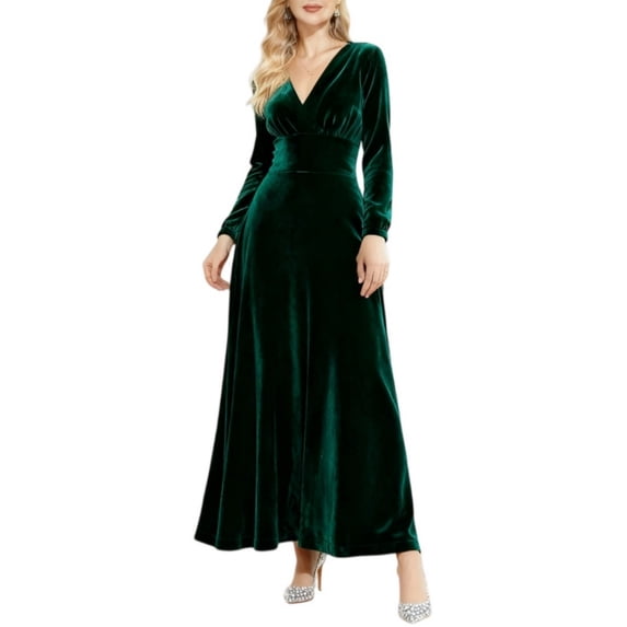 Delconic Women’s Long Sleeve Velvet Maxi Dress V Neck Floor Length Evening Gown Elegant Formal Party Wear for Special Occasions Dark Green XL