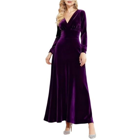 Delconic Women’s Long Sleeve Velvet Maxi Dress V Neck Floor Length Evening Gown Elegant Formal Party Wear for Special Occasions Purple S
