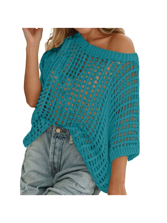 Women’s Loose Fit Hollow Out Knit Pullover Sweater Off Shoulder Casual Lightweight Mesh Top for Summer Spring Turquoise XL