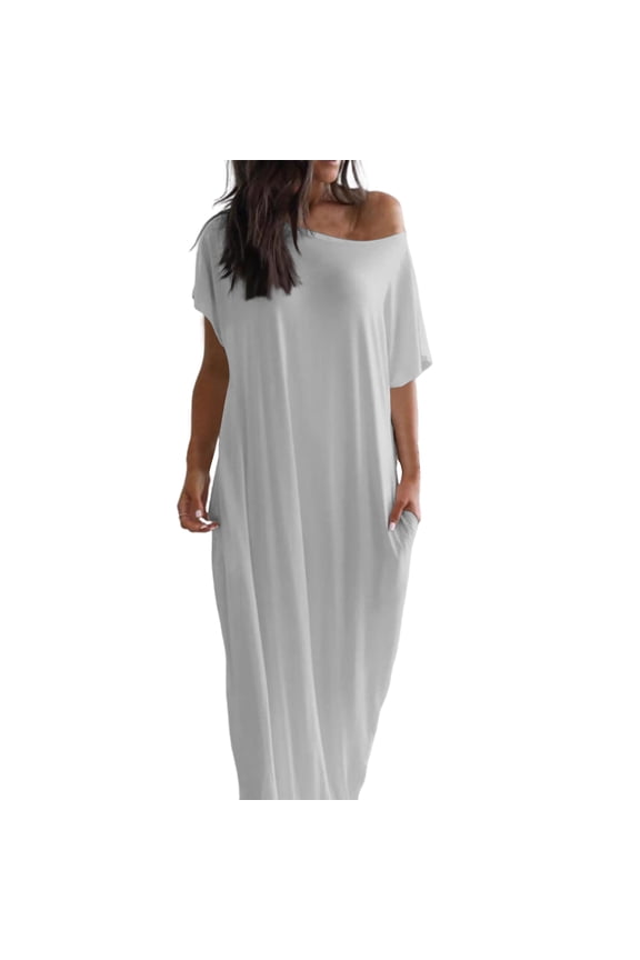 Women’s Loose Fit Maxi Dress Off Shoulder Short Sleeve Casual Long Dress Soft Lightweight Fabric for Everyday Wear Gray M