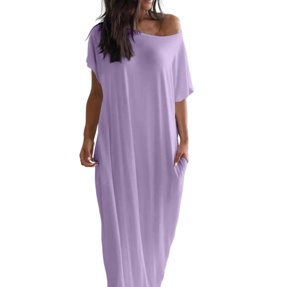 Delconic Women’s Loose Fit Maxi Dress Off Shoulder Short Sleeve Casual Long Dress Soft Lightweight Fabric for Everyday Wear Light Purple 2XL