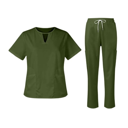 Delconic Women’s Short Sleeve Scrub Set V Neck Top and Drawstring Pants Two Piece Uniform for Medical Workwear Hospital Clinic Army Green L