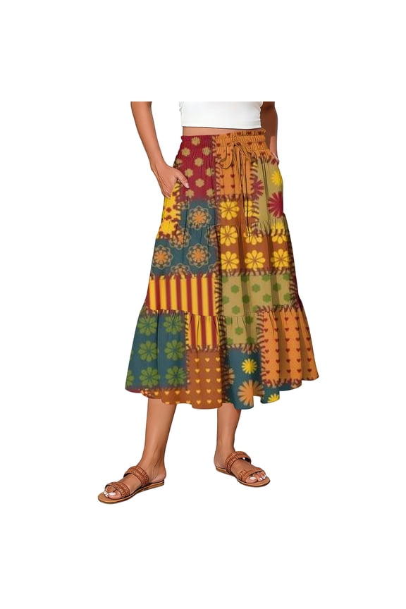 Women’s Patchwork Patterned Maxi Skirt with Elastic Waistband and Tiered Hem for Casual Everyday Wear Orange S