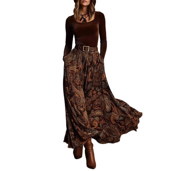 Delconic Women's Round Neck Long Sleeve Top & High-Waisted Maxi Skirt Set Brown L