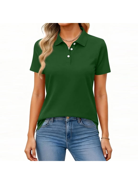 Women’s Short Sleeve Polo Shirt Classic Collar Button Placket Casual Fit Soft Fabric for Daily Wear Work School Dark Green XL