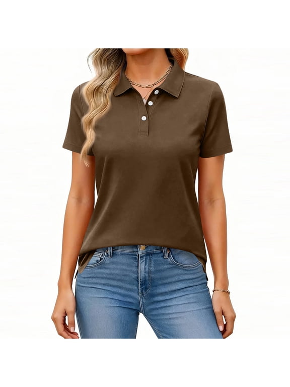 Womens Casual Button Polo Shirt Short Sleeve Collared Top Solid Pullover Blouse with Side Slits Relaxed Fit BrownM