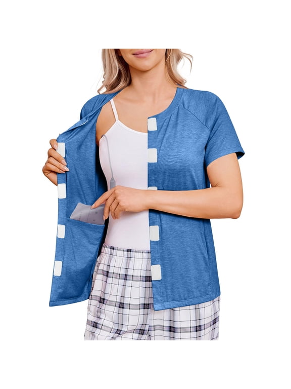 Women’s Solid Color Post Surgery Recovery Shirt, Hook and Loop Front Open Short Sleeve Top with Drain Pocket Blue 2XL