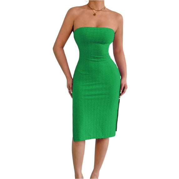Delconic Women’s Strapless Bodycon Tube Dress Sleeveless Slim Fit Knee Length Textured Fabric Casual Wear Green M