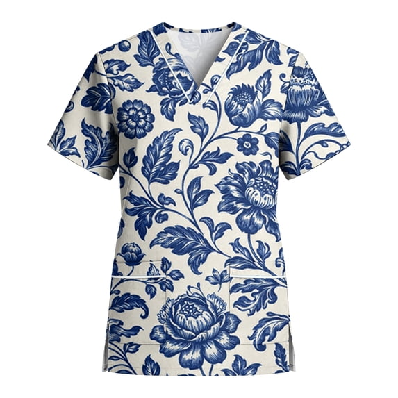 Delconic Women’s Stretch Quick Dry V Neck Short Sleeve Scrub Top with Pockets Floral Botanical Print for Healthcare Work Uniform Blue L