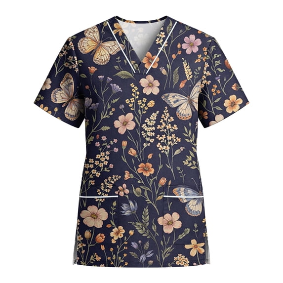 Delconic Women’s Stretch Quick Dry V Neck Short Sleeve Scrub Top with Pockets Floral Botanical Print for Healthcare Work Uniform Navy M