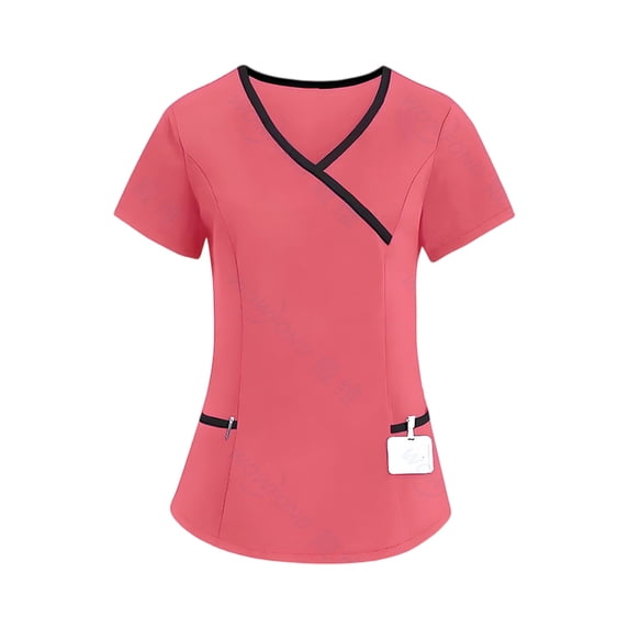 Delconic Women’s Stretch V Neck Short Sleeve Scrub Top with Pockets Quick Dry Fabric for Healthcare Nursing Work Uniform Red XL