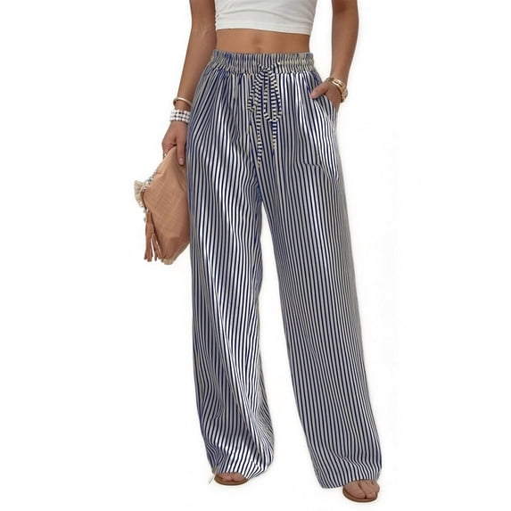 Delconic Women’s Striped High Waist Loose Fit Casual Pants with Elastic Waistband and Drawstring Relaxed Straight Leg Trousers Blue M