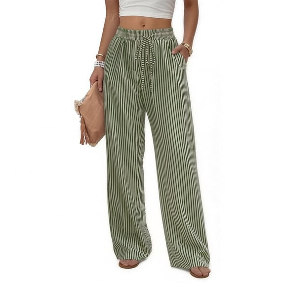 Delconic Women’s Striped High Waist Loose Fit Casual Pants with Elastic Waistband and Drawstring Relaxed Straight Leg Trousers Green L