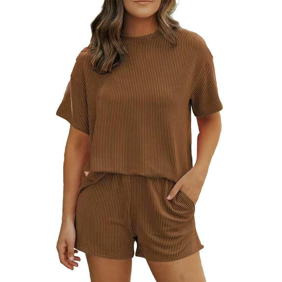 Delconic Women’s Summer Ribbed Crew Neck Short Sleeve Top and Shorts Set Casual Two Piece Outfits for Daily Wear Lounge Home Brown M
