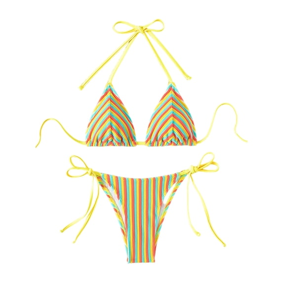 Delconic Women’s Triangle Bikini Set with Adjustable Halter Top and Tie Side Bottoms Striped Print Two Piece Swimsuit for Beach Pool