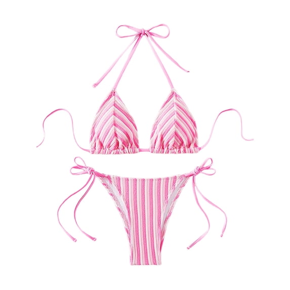 Delconic Women’s Triangle Bikini Set with Adjustable Halter Top and Tie Side Bottoms Striped Print Two Piece Swimsuit for Beach Pool