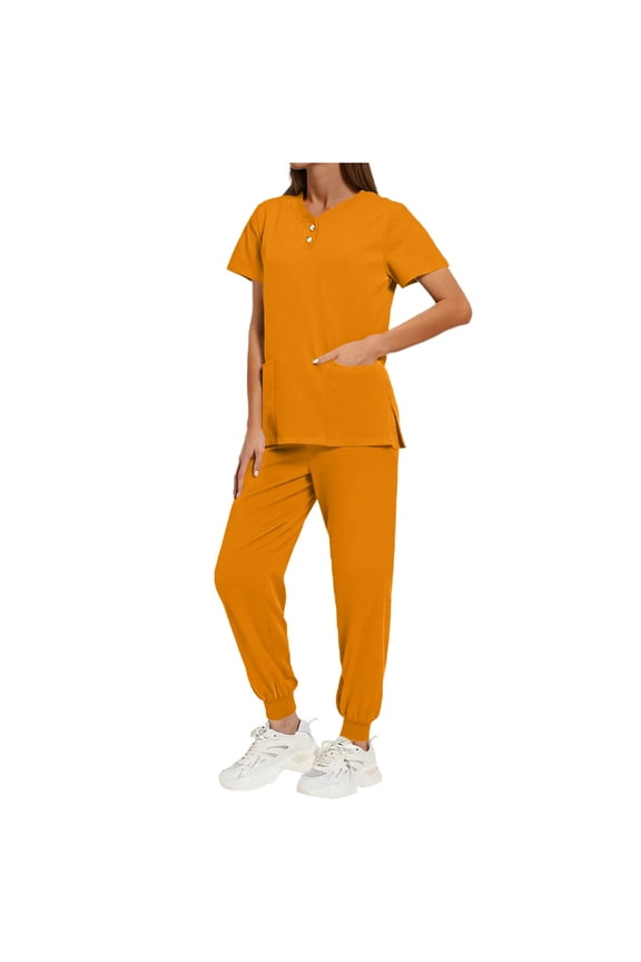 Women's Uniform Quick-drying Fabric Color V-neck Pocket Short-sleeved Trousers Suit Uniform Suit Orange 2XL