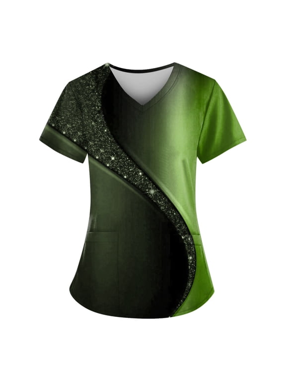 Women's V-Neck Gradient Color Scrub Top with Pockets, Short Sleeve, Comfortable and Stylish Medical Uniform Army Green 4XL