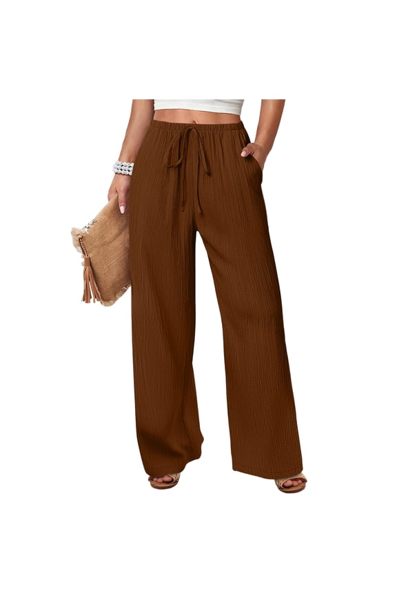 Women’s Wide Leg Pants Lightweight Drawstring Waist Loose Fit Casual Trousers with Crinkled Texture for Everyday Wear Coffee XL