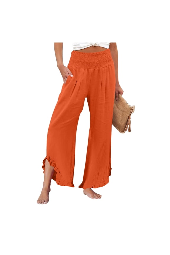 Women’s Wide Leg Smocked Waist Ruffle Hem Pants Loose Fit Lightweight Summer Trousers Casual Boho Style Flowing Design Saffron L