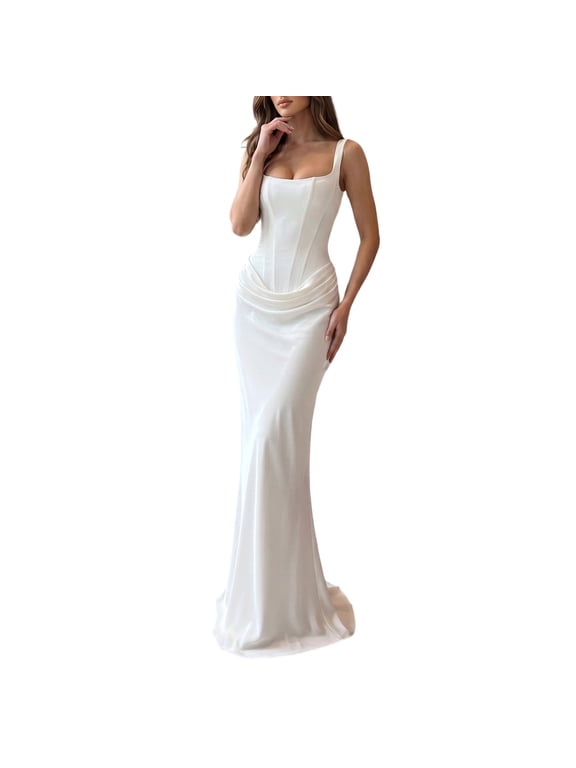Womens Bodycon Maxi Dress with Corset Style Seam Detail Square Neck Sleeveless Spaghetti Strap Fitted Long Dress White S