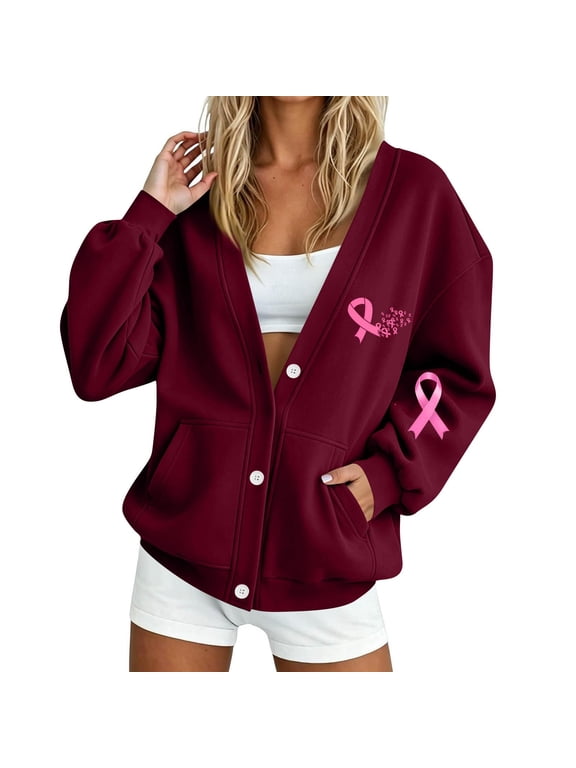 Womens Casual Long Sleeve Sweatshirt Jacket Open Front Button Down Outerwear with Breast Cancer Awareness Ribbon Print WineS