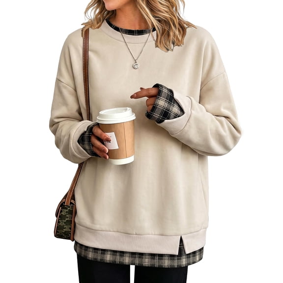 Delconic Womens Casual Plaid Mock Two Piece Pullover Top Crew Neck Long Sleeve Loose Fit Sweatshirt Tunic Style Shirt White L