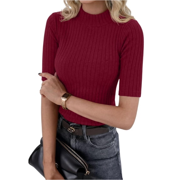 Delconic Womens Casual Ribbed Knit Top Short Sleeve Mock Neck Fitted Pullover Stretch Everyday Fashion Blouse Slim Basic Shirt Wine L