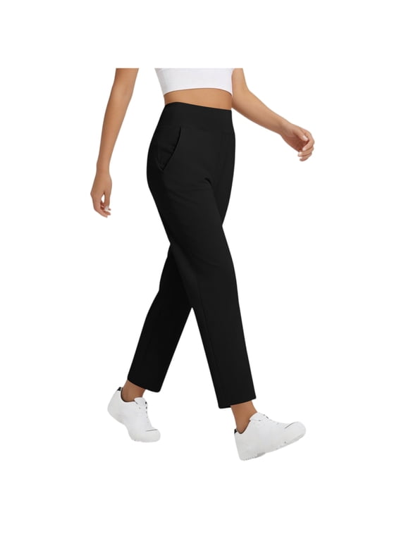 Womens Casual Sport Pants High Waisted Straight Leg Ankle Length Pull On Trousers with Side Pockets No Back Pockets Black XL