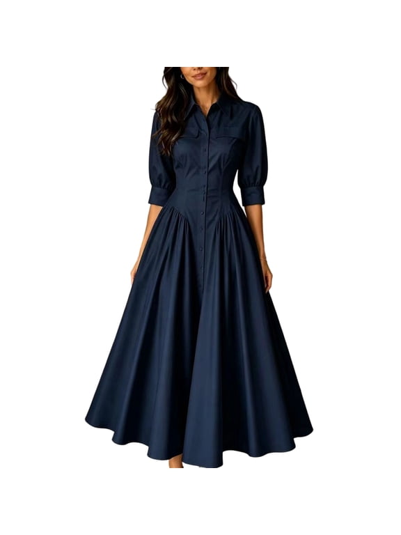 Womens Cotton Linen Blend Button Front Dress High Waist Midi Maxi Shirt Dress with Pockets Pleated Skirt Navy 2XL