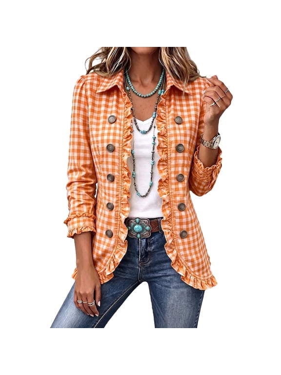 Womens Cropped Jacket with Ruffle Hem Lapel Collar Double Breasted Front Gingham Print Long Sleeve Outerwear Orange S