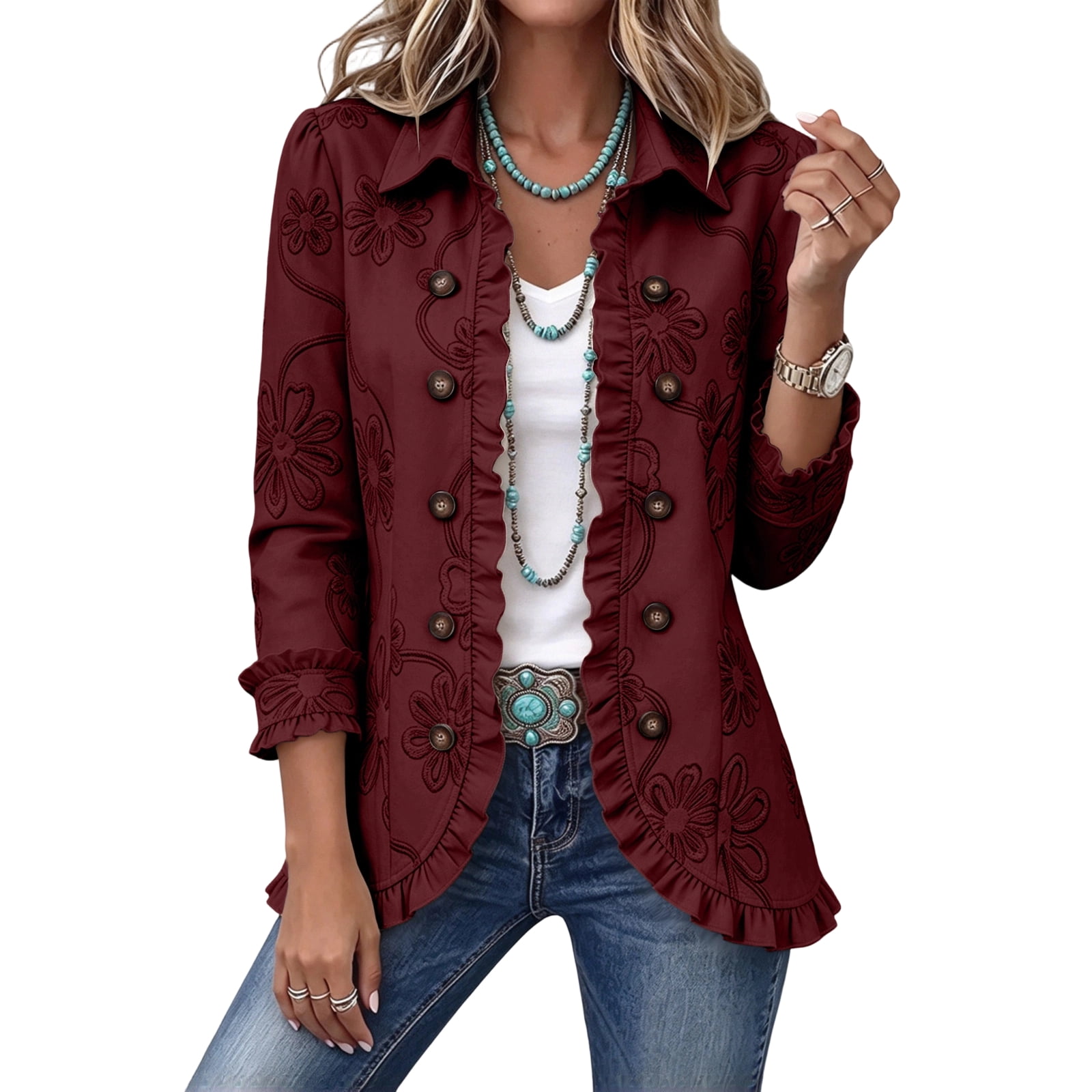 Ruffle Button Jacket Delconic Womens Cropped Ruffle Hem Jacket Double Breasted Lapel Front ...