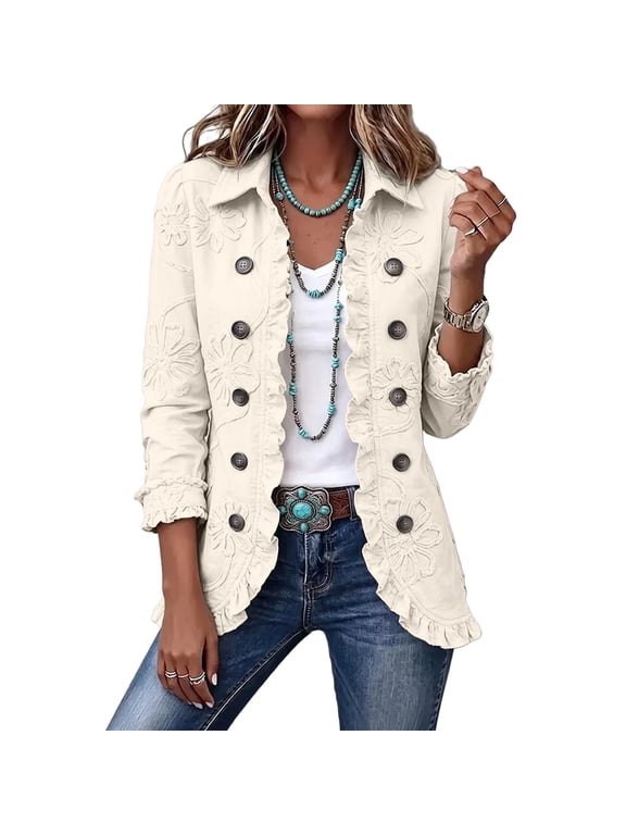 Womens Cropped Ruffle Hem Jacket Notch Lapel Double Breasted Front Long Sleeve Embroidered Trim Short Outerwear Beige2XL