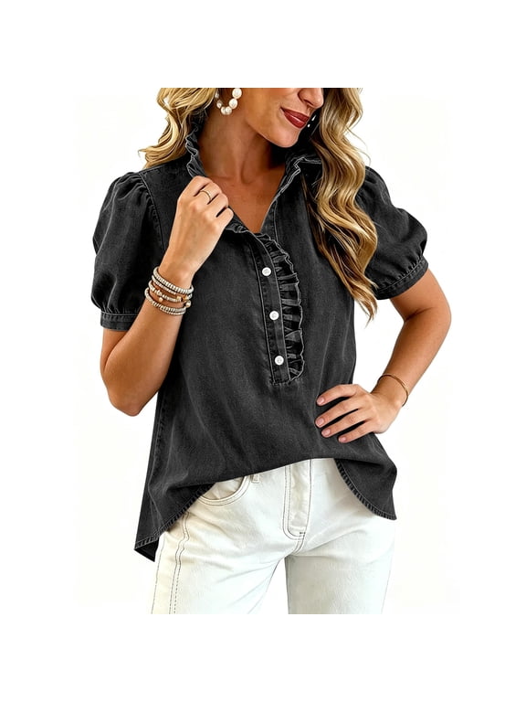 Womens Denim Blouse Lace Trim Ruffle V Neck Top Short Puff Sleeve Button Front Casual Loose Fit Chambray Shirt BlackS