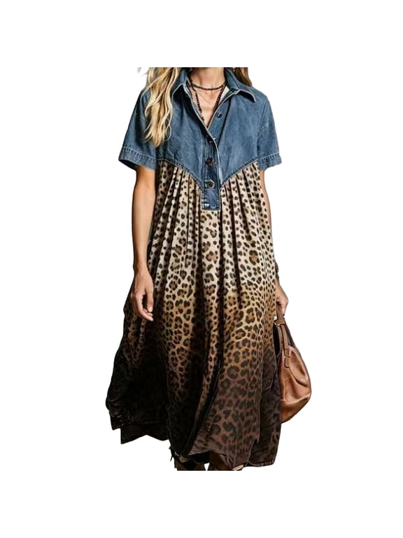 Womens Denim Patchwork Printed Maxi Dress Loose Casual Shirt Dress Short Sleeve Button Front Long Dress Brown L