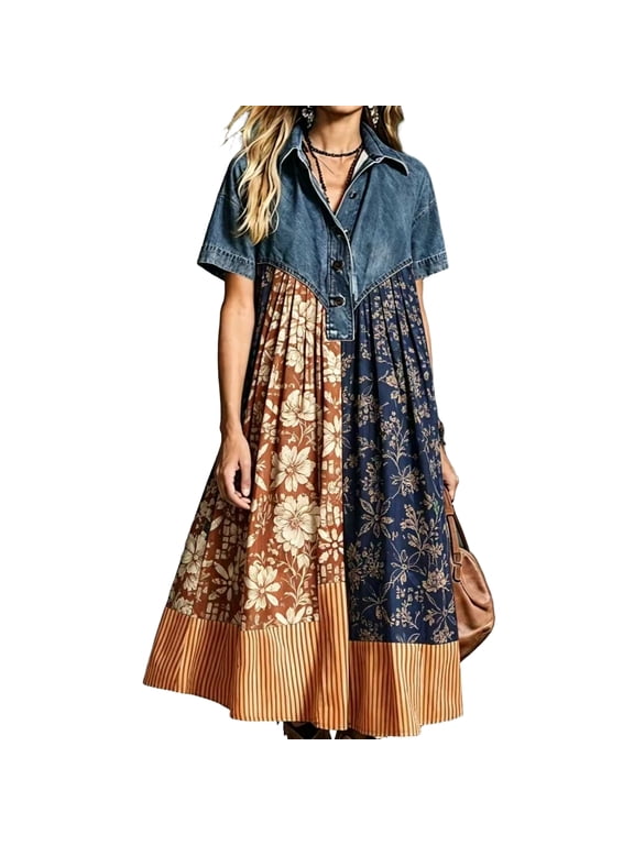 Womens Denim Patchwork Printed Maxi Dress Loose Casual Shirt Dress Short Sleeve Button Front Long Dress Red XL