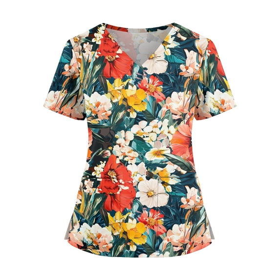 Delconic Womens Floral Print Scrub Top V Neck Short Sleeve Nurse Uniform Tunic with Pockets Side Slit Workwear Medical Top Red 2XL