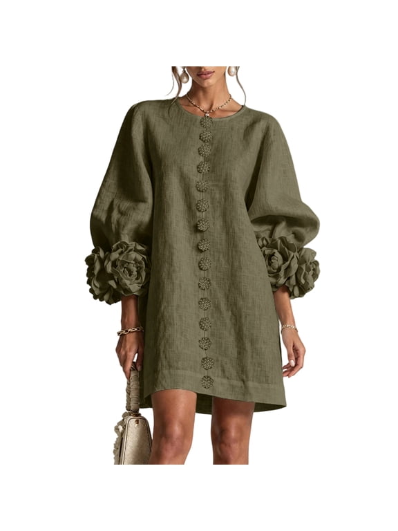 Womens French Style Cotton Linen Dress with 3D Floral Trim Lantern Sleeves Round Neck Shift Mini Dress Loose Fit Green M