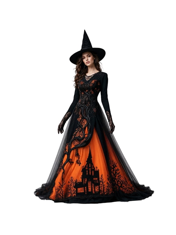 Womens Halloween Costume Long Maxi Dress Lace Chiffon Gothic Formal Dress Thorn Treehouse Print Mesh Overlay Gown Orange 2XL