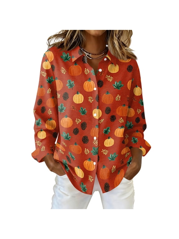 Womens Halloween Print Button Down Shirt Long Sleeve Casual Regular Fit Collared Blouse Everyday Pullover Top Saffron M